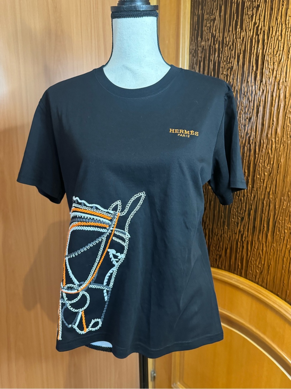 Hermes Black Short Sleeve cotton Tee with Orange & White Embroidery Sz L - Picture 4 of 16